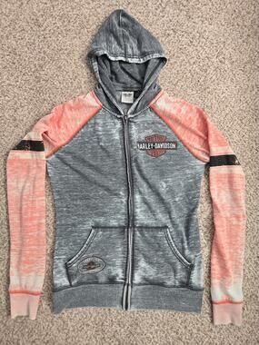 HARLEY DAVIDSON Womens M Zip Up Hoodie Burnout Wash Orange Grey Graphic Jacket